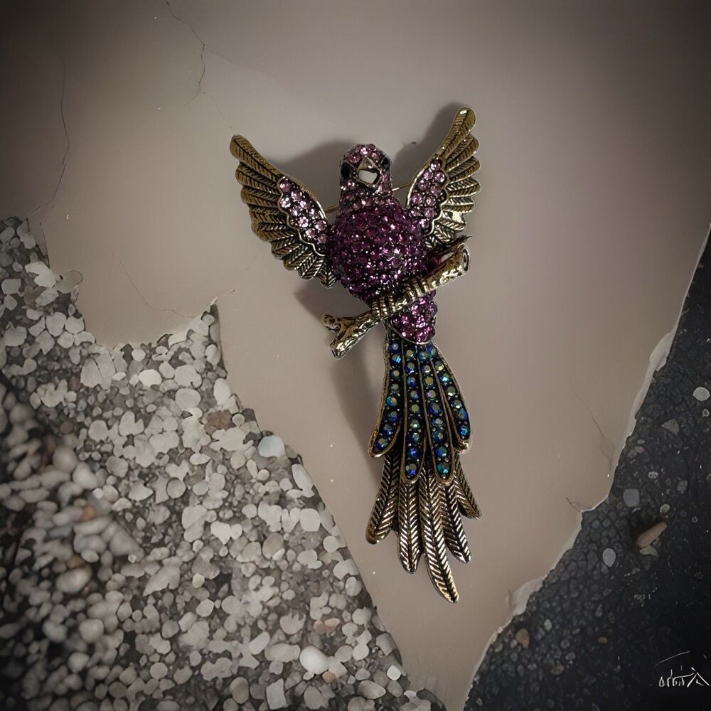 Vintage Pink Purple Rhinestone Bird of Paradise Brooch AB Blue Tail Gold Tone‎